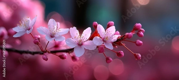Fototapeta Cherry blossom branch with soft pink bokeh background