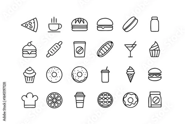 Fototapeta Vector art of collection of delicious food and drink icons, including burgers, coffee, pizza, ice cream, donuts, cupcakes, and more, perfect for menus, websites, and apps, isolated