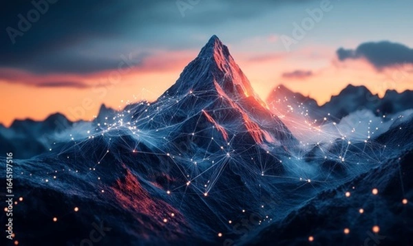 Obraz Hologram-style mountain peak symbolizing the pinnacle of success and achievement in the digital transformation era. The image represents innovative strategies and the drive, Generative AI