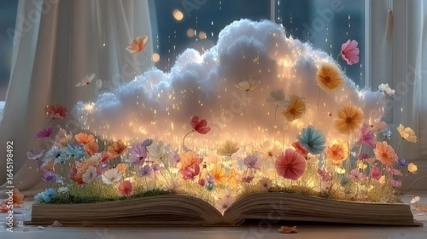 Fototapeta Cloud raining flowers over open book on grass