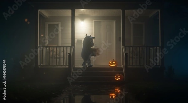Obraz Foggy suburban porch at midnight; a courier silhouette in a cute monster costume leaves a parcel on the doormat