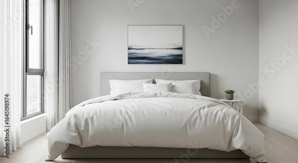Fototapeta Modern Minimalist Bedroom Interior with Large Bed, Crisp White Linens, and Serene Atmosphere