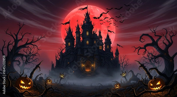 Fototapeta Spooky halloween castle with red moon, bats, and jack-o'-lanterns