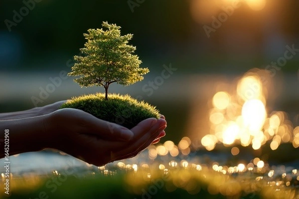 Fototapeta Reflected tree in hands with golden bokeh blurred background