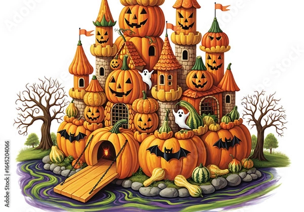 Fototapeta Pumpkin castle with ghosts and bats for halloween