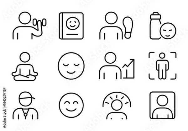 Fototapeta Health App Icons. Outline vector icons of avatars in health and wellness apps: fitness avatar, mood diary,