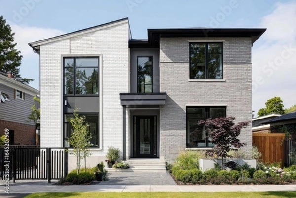 Fototapeta Modern architectural design showcasing a two-tone brick house in a suburban neighborhood with ample greenery and a well-maintained front yard during a sunny day