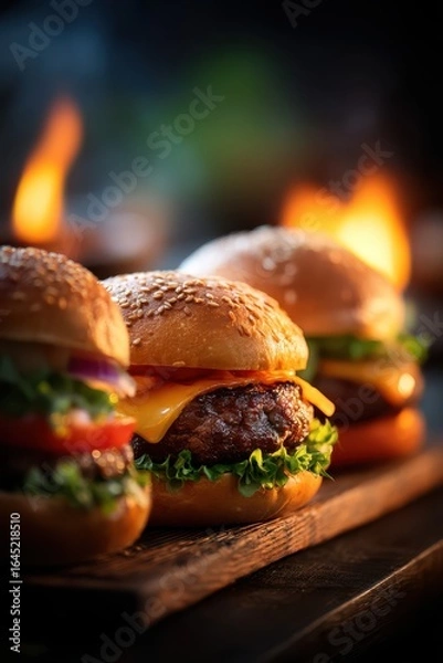 Fototapeta Burning beef burger with melted cheese on a fuzzy dark background