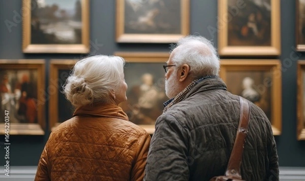 Fototapeta Elderly couple engaging in a cultural outing, appreciating the beauty of artworks in a museum exhibition. Traveling together, they immerse themselves in the world of art, enjoying, Generative AI
