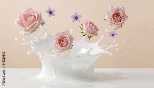 Obraz Delicate pink roses and purple flowers exploding from a white splash