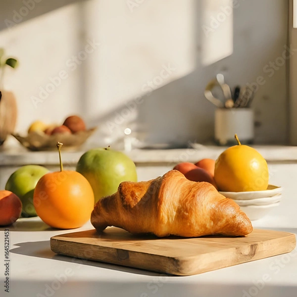 Obraz 明るいキッチンカウンターに、新鮮なフルーツとクロワッサンが並ぶ朝食のシーン