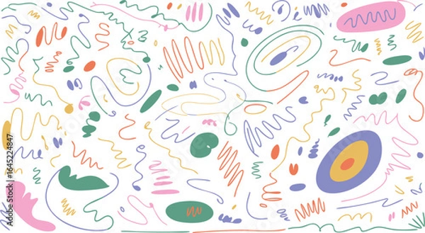 Fototapeta Abstract Scribble Art Playful Colored Lines, Quirky Shapes on Cream Background, Unique Design