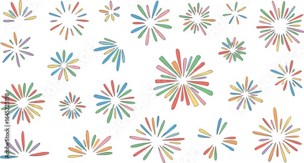 Fototapeta Collection of Doodle Style Fireworks, Colored Starburst Explosions, Celebration Elements on White Background