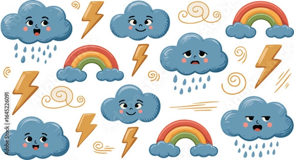 Fototapeta Cute Weather Icons Smiling Clouds, Rainbows, and Lightning Bolts on Cream Background