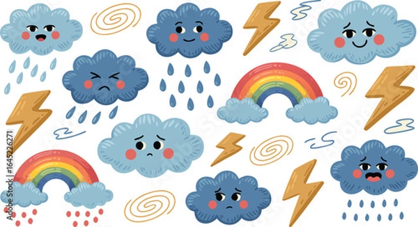 Fototapeta Colorful Weather Pattern Illustrated Clouds, Lightning Bolts, Rainbows, and Raindrops for Children's Designs