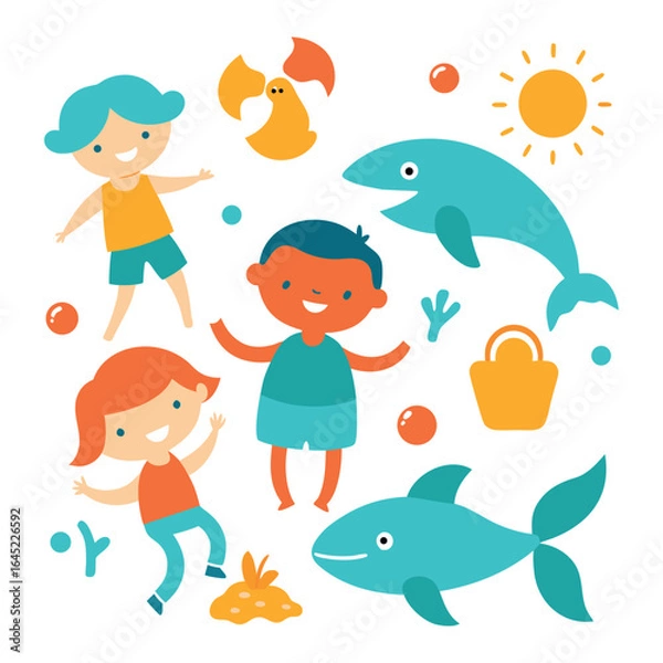 Fototapeta A delightful illustration of children having fun at the beach, complete with dolphins, fish, and sunny weather, perfect for summer-themed designs and illustrations.