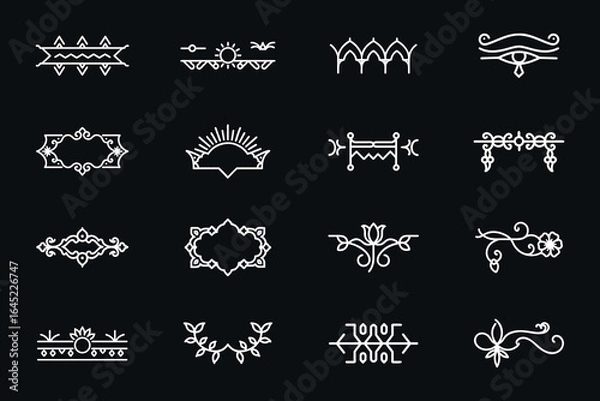 Fototapeta Set-of-sixteen-minimal-line-art-decorative-borders-and-dividers-on-a-dark-background