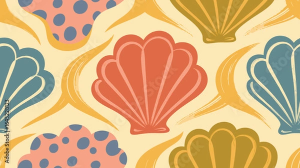 Fototapeta Colorful Seashells, Polka Dot Cloud, and Brushstrokes on Light Yellow Background Seamless Pattern