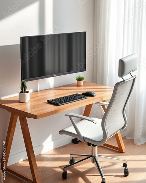 Obraz Minimalist home office desk with monitor and ergonomic chair — AI generated
