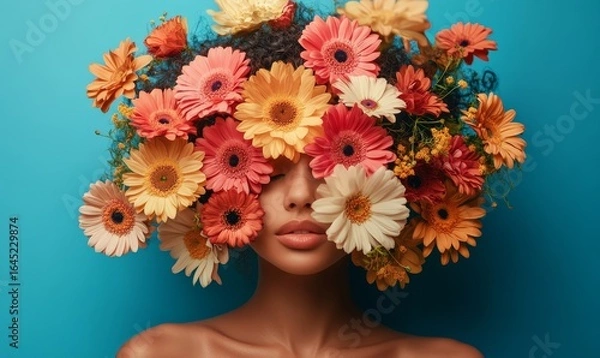 Fototapeta Concept of mental health awareness and self-care, featuring a woman with her head surrounded by flowers, symbolizing inner peace, happiness, and psychological balance, Generative AI