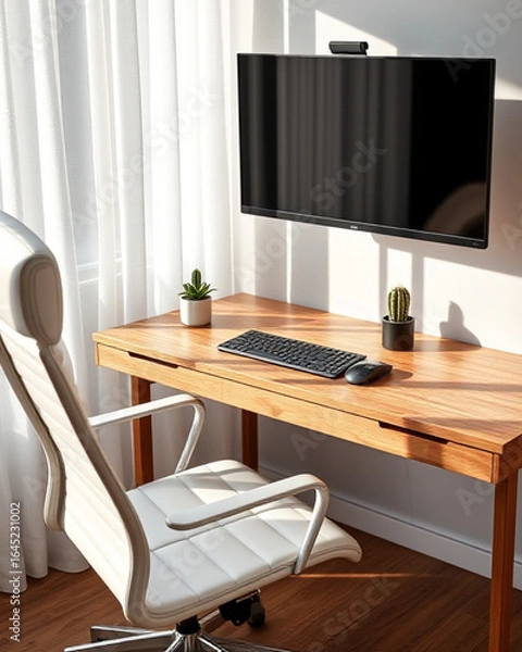 Obraz Minimalist home office desk with monitor and ergonomic chair — AI generated

