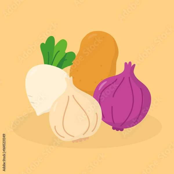 Fototapeta Fresh Vegetable Illustration with Garlic, Onion, Potato, and radish. Colorful vegetable illustration featuring garlic, onion, potato, and radish on pastel.