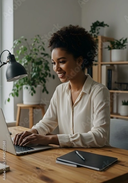 Fototapeta African dark skinned woman working on a laptop in a minimal setting room