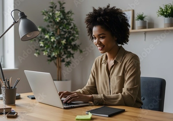 Fototapeta African dark skinned woman working on a laptop in a minimal setting room