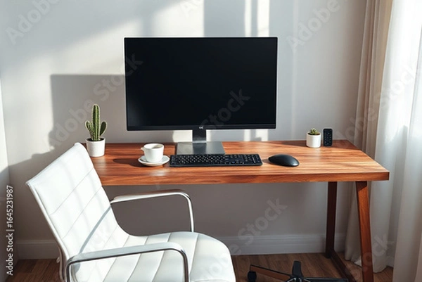 Obraz Minimalist home office desk with monitor and ergonomic chair — AI generated
