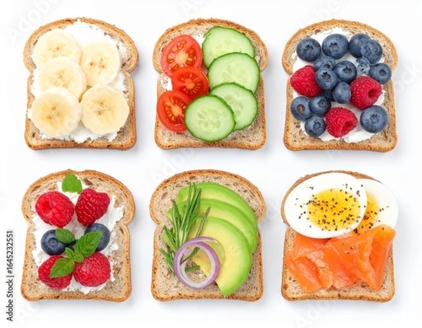 Fototapeta Collection of six healthy toasts with assorted fresh fruit, vegetable, and salmon toppings