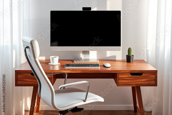 Obraz Minimalist home office desk with monitor and ergonomic chair — AI generated
