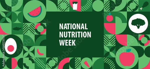 Fototapeta National Nutrition week banner Pattern post. 1 to 7 September Nutritional week cover banner with stickers, icon of healthy fruits and vegetables.
