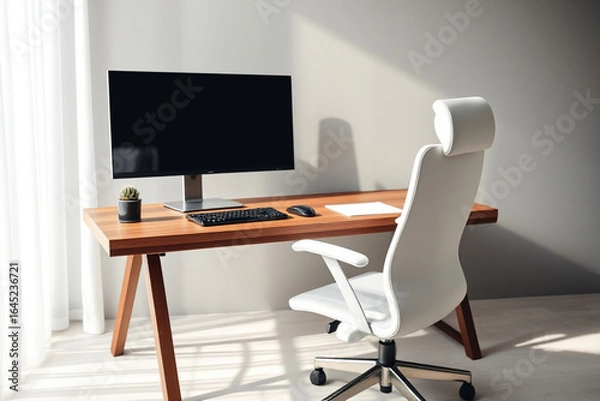 Obraz Minimalist home office desk with monitor and ergonomic chair — AI generated
