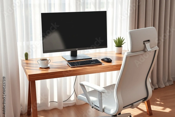 Obraz Minimalist home office desk with monitor and ergonomic chair — AI generated
