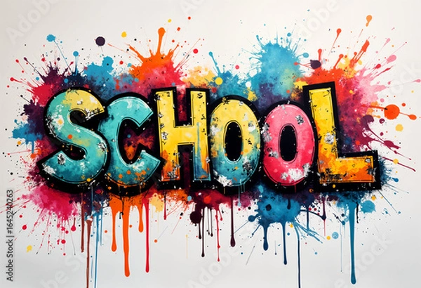 Fototapeta colorful graffiti with the word "school" written on a white background