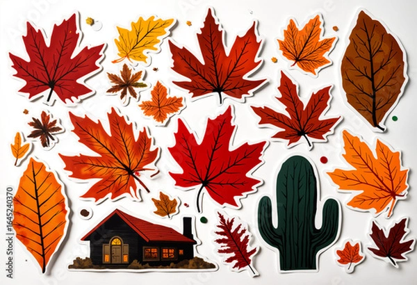Fototapeta set of autumn stickers with white borders on a white background