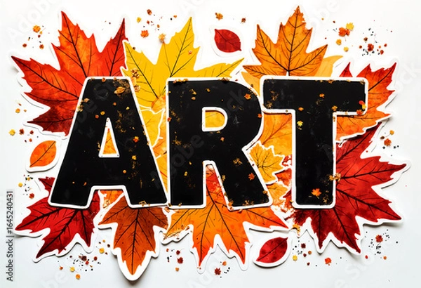 Fototapeta autumn sticker with the word "art" on a background of fallen leaves, on a white background