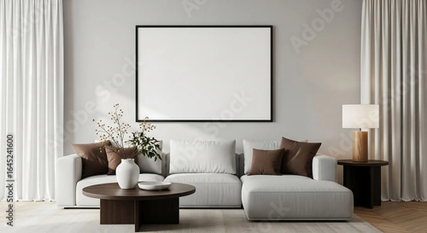 Obraz Modern living room with white sectional sofa and blank picture frame couch
