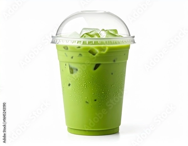 Obraz Iced matcha green tea latte in a plastic takeaway cup with a dome lid, isolated on a white background.