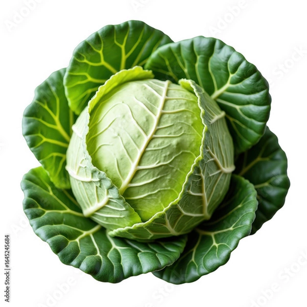 Fototapeta Close up view of a fresh green cabbage on a solid transparent background ready for the kitchen