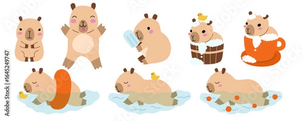 Fototapeta Cartoon cute capybara in tub, morning capybara in cup of cappuccino, summer capybara with ice cream set. Kawaii pet animal for card, decoration, print. Stock vector illustration isolated on white 