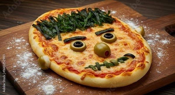 Obraz Oval pizza styled as Frankenstein’s face: olive “bolts”