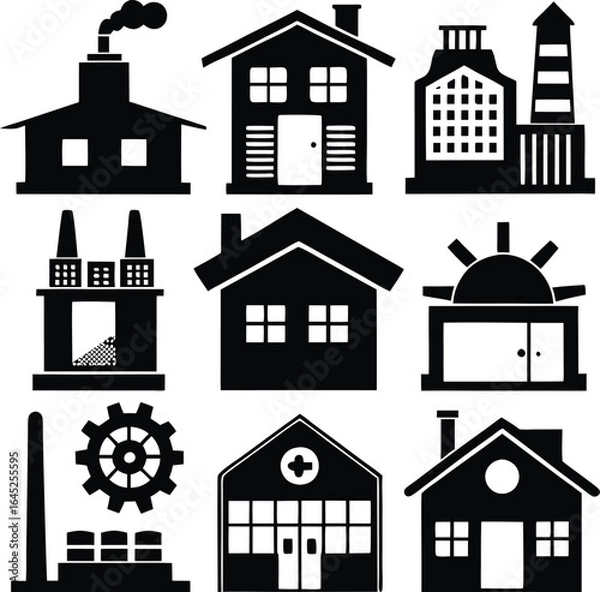 Fototapeta Building Icons Set: Black & White Vector Graphics of Houses, Factories, & Industrial Structures