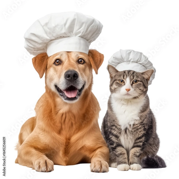Fototapeta A cheerful dog and a cat wearing white chef hats and sitting together on transparent background. Culinary-themed projects, pet branding, greeting cards, or social media content
