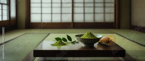 Obraz 和室の畳に置かれた抹茶と茶筅（ちゃせん）の静物写真 - 茶道、和菓子、健康食品、日本文化のイメージ素材に