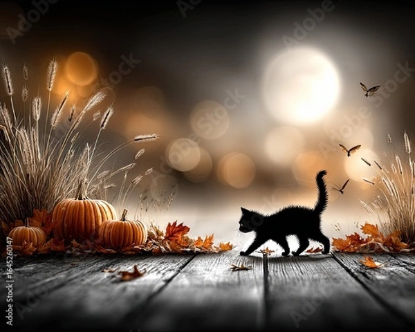 Fototapeta Black cat with pumpkins in Halloween background for spooky greeting