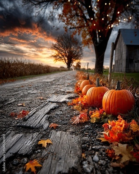 Fototapeta Halloween and autumn holiday banner background with bats, pumpkins and Jack-o'-lanterns