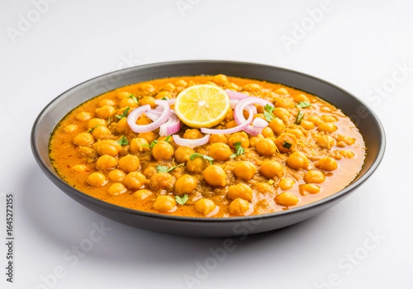 Obraz Delicious Chana Masala, a popular Indian chickpea curry, garnished with fresh onion, lemon, and cilantro, served in a dark bowl on a white background.
