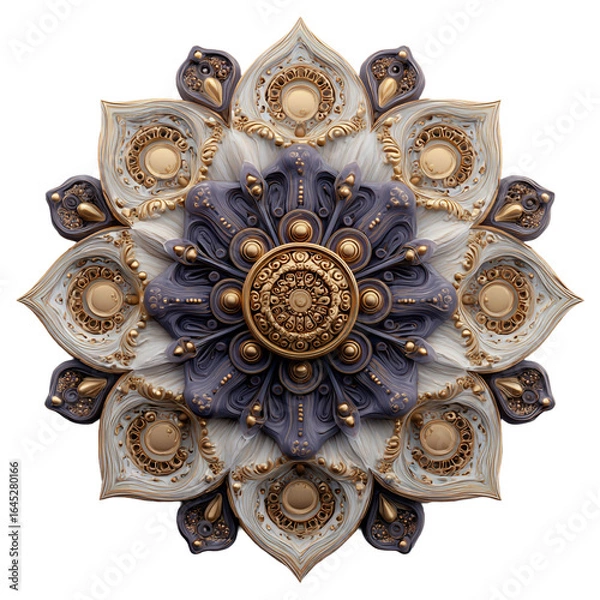 Fototapeta Intricate mandala ornament with gold and purple details isolated on transparent background