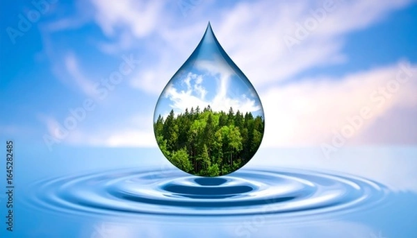 Fototapeta Tranquil Water Drop Reflecting a Lush Forest